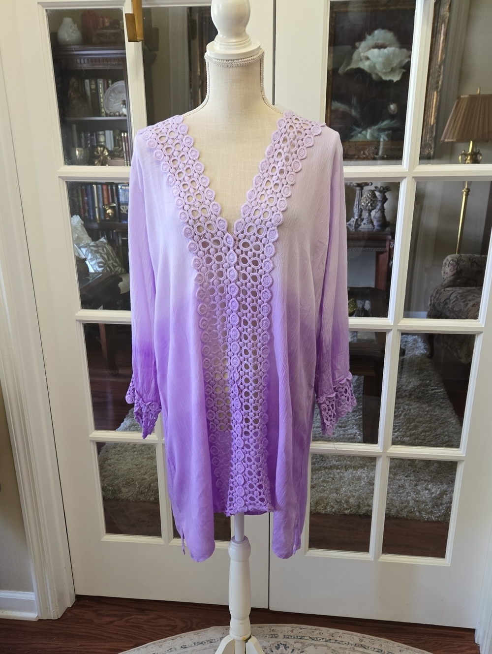 Kiwi & Punch Lavender Pansy Ombre Lace-Trim Women's Tunic Top Long Sleeve XL NEW